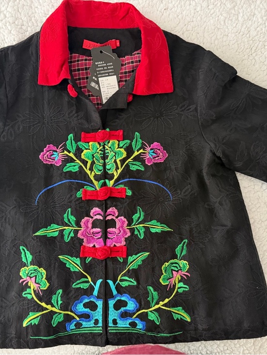 Jackets & Blazers - Black Embroidered Jacket with Red Collar and Multicolor Floral Detail